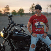 Double extra-large maroon Thrill Rider tee, perfect for motorcycle enthusiasts who live for adventure. With its detailed biker design and striking typography, this tee makes a powerful statement for road warriors.