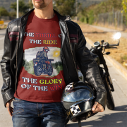 Extra-large maroon Thrill Rider tee, designed for fearless bikers and thrill-seekers. Featuring a bold motorcyclist graphic and powerful text, this tee embodies the excitement of conquering the road in style.