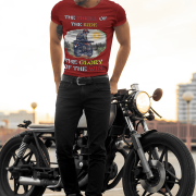 Maroon Thrill Rider tee in extra small size, featuring a bold graphic of a fearless biker riding through a scenic backdrop. A must-have for adventure lovers and motorcycle enthusiasts, designed for comfort and style by PodLyft.