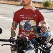 Maroon Thrill Rider tee in large size, crafted for motorcycle enthusiasts who embrace freedom and adventure. The striking biker graphic and powerful typography capture the spirit of the open road.