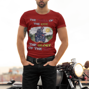 Maroon Thrill Rider tee in small size, designed for bikers and road warriors. Showcasing a dynamic motorcyclist graphic with an adventurous theme, this tee is perfect for those who live for the thrill of the ride