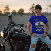 Double extra-large navy blue Thrill Rider tee, perfect for motorcycle enthusiasts who live for adventure. With its detailed biker design and striking typography, this tee makes a powerful statement for road warriors.