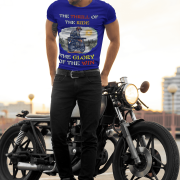 Navy blue Thrill Rider tee in extra small size, featuring a bold graphic of a fearless biker riding through a scenic backdrop. A must-have for adventure lovers and motorcycle enthusiasts, designed for comfort and style by PodLyft.