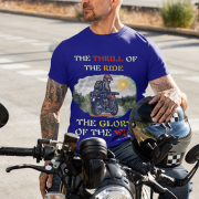 Navy blue Thrill Rider tee in large size, crafted for motorcycle enthusiasts who embrace freedom and adventure. The striking biker graphic and powerful typography capture the spirit of the open road.