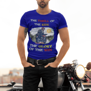 Navy blue Thrill Rider tee in small size, designed for bikers and road warriors. Showcasing a dynamic motorcyclist graphic with an adventurous theme, this tee is perfect for those who live for the thrill of the ride.