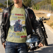 Extra-large olive green Thrill Rider tee, designed for fearless bikers and thrill-seekers. Featuring a bold motorcyclist graphic and powerful text, this tee embodies the excitement of conquering the road in style.