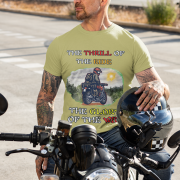 Olive green Thrill Rider tee in large size, crafted for motorcycle enthusiasts who embrace freedom and adventure. The striking biker graphic and powerful typography capture the spirit of the open road.