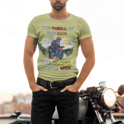 Olive green Thrill Rider tee in small size, designed for bikers and road warriors. Showcasing a dynamic motorcyclist graphic with an adventurous theme, this tee is perfect for those who live for the thrill of the ride.