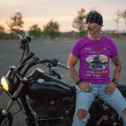 Double extra-large purple Thrill Rider tee, perfect for motorcycle enthusiasts who live for adventure. With its detailed biker design and striking typography, this tee makes a powerful statement for road warriors.