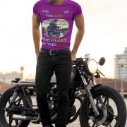 Purple Thrill Rider tee in extra small size, featuring a bold graphic of a fearless biker riding through a scenic backdrop. A must-have for adventure lovers and motorcycle enthusiasts, designed for comfort and style by PodLyft.