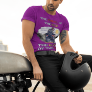 Medium-sized purple Thrill Rider tee featuring a high-energy motorbike rider against a scenic outdoor backdrop. The bold typography and adventurous design make this an ideal tee for motorcycle lovers and thrill-seekers.