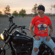 Double extra-large red Thrill Rider tee, perfect for motorcycle enthusiasts who live for adventure. With its detailed biker design and striking typography, this tee makes a powerful statement for road warriors.