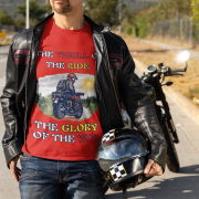 Extra-large red Thrill Rider tee, designed for fearless bikers and thrill-seekers. Featuring a bold motorcyclist graphic and powerful text, this tee embodies the excitement of conquering the road in style.