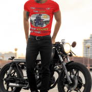 Red Thrill Rider tee in extra small size, featuring a bold graphic of a fearless biker riding through a scenic backdrop. A must-have for adventure lovers and motorcycle enthusiasts, designed for comfort and style by PodLyft.