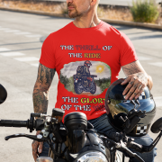 Red Thrill Rider tee in large size, crafted for motorcycle enthusiasts who embrace freedom and adventure. The striking biker graphic and powerful typography capture the spirit of the open road