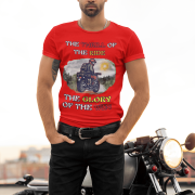 Red Thrill Rider tee in small size, designed for bikers and road warriors. Showcasing a dynamic motorcyclist graphic with an adventurous theme, this tee is perfect for those who live for the thrill of the ride.