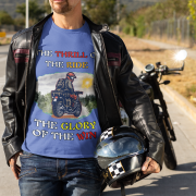 Extra-large royal blue Thrill Rider tee, designed for fearless bikers and thrill-seekers. Featuring a bold motorcyclist graphic and powerful text, this tee embodies the excitement of conquering the road in style.