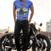 Royal blue Thrill Rider tee in extra small size, featuring a bold graphic of a fearless biker riding through a scenic backdrop. A must-have for adventure lovers and motorcycle enthusiasts, designed for comfort and style by PodLyft.