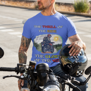 Royal blue Thrill Rider tee in large size, crafted for motorcycle enthusiasts who embrace freedom and adventure. The striking biker graphic and powerful typography capture the spirit of the open road.