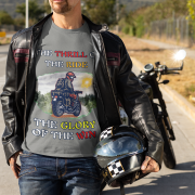 Extra-large steel grey Thrill Rider tee, designed for fearless bikers and thrill-seekers. Featuring a bold motorcyclist graphic and powerful text, this tee embodies the excitement of conquering the road in style.