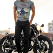 Steel grey Thrill Rider tee in extra small size, featuring a bold graphic of a fearless biker riding through a scenic backdrop. A must-have for adventure lovers and motorcycle enthusiasts, designed for comfort and style by PodLyft.
