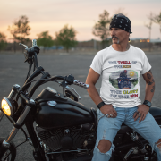 Double extra-large white Thrill Rider tee, perfect for motorcycle enthusiasts who live for adventure. With its detailed biker design and striking typography, this tee makes a powerful statement for road warriors.