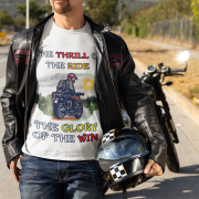 Extra-large white Thrill Rider tee, designed for fearless bikers and thrill-seekers. Featuring a bold motorcyclist graphic and powerful text, this tee embodies the excitement of conquering the road in style.