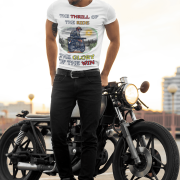 White Thrill Rider tee in extra small size, featuring a bold graphic of a fearless biker riding through a scenic backdrop. A must-have for adventure lovers and motorcycle enthusiasts, designed for comfort and style by PodLyft.