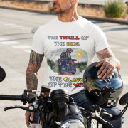 White Thrill Rider tee in large size, crafted for motorcycle enthusiasts who embrace freedom and adventure. The striking biker graphic and powerful typography capture the spirit of the open road.