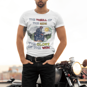 White Thrill Rider tee in small size, designed for bikers and road warriors. Showcasing a dynamic motorcyclist graphic with an adventurous theme, this tee is perfect for those who live for the thrill of the ride.