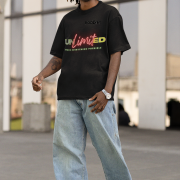 Black Unlimited Tee in double extra large size with a striking motivational design, printed using DTG on a premium oversized T-shirt for a relaxed and stylish fit.