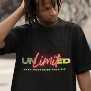 Black Unlimited Tee in large size, designed with a powerful statement print in neon hues, crafted on a 240 GSM oversized cotton T-shirt for comfort and style.