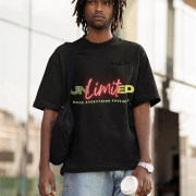 Unlimited Tee in black, medium size, showcasing a vivid neon glow typography, printed on a durable, bio-washed oversized cotton T-shirt for a stylish streetwear look.