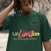 Bottle green Unlimited Tee in large size, designed with a powerful statement print in neon hues, crafted on a 240 GSM oversized cotton T-shirt for ultimate comfort and fashion.