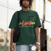 Unlimited Tee in bottle green, medium size, showcasing a vibrant neon typography, printed on a durable, bio-washed oversized cotton T-shirt for a bold and stylish fit.