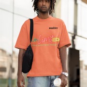 Unlimited Tee in coral, medium size, showcasing a vibrant neon typography, printed on a durable, bio-washed oversized cotton T-shirt for a bold and stylish fit.