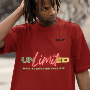 Maroon Unlimited Tee in large size, designed with a powerful statement print in neon hues, crafted on a 240 GSM oversized cotton T-shirt for ultimate comfort and trend.
