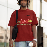 Unlimited Tee in maroon, medium size, showcasing a vibrant neon typography, printed on a durable, bio-washed oversized cotton T-shirt for a bold and fashionable fit.