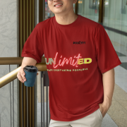 Maroon Unlimited Tee in small size with an electrifying statement design, printed using DTG on a high-quality oversized cotton T-shirt for a stylish and lasting impression.