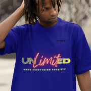Navy blue Unlimited Tee in large size, designed with a powerful statement print in neon hues, crafted on a 240 GSM oversized cotton T-shirt for ultimate comfort and trend.