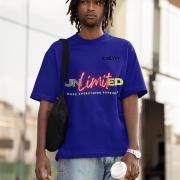 Unlimited Tee in navy blue, medium size, showcasing a vibrant neon typography, printed on a durable, bio-washed oversized cotton T-shirt for a bold and fashionable fit.