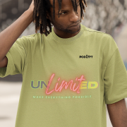 Olive green Unlimited Tee in large size, designed with a powerful statement print in neon hues, crafted on a 240 GSM oversized cotton T-shirt for ultimate comfort and bold fashion.