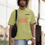 Unlimited Tee in olive green, medium size, showcasing a vibrant and bold typography, printed on a bio-washed oversized cotton T-shirt for a confident and trendy look.