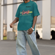 Petrol blue Unlimited Tee in double extra large size with a standout motivational print, crafted on a 240 GSM oversized cotton T-shirt for unmatched comfort and street-style confidence.