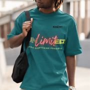 Unlimited Tee in petrol blue, extra large size, featuring a bold and futuristic typography design, printed using DTG on a premium oversized cotton T-shirt for maximum impact.