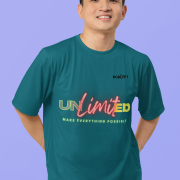 Unlimited Tee in petrol blue, extra small size, featuring a bold and dynamic statement design with neon accents, printed on a premium oversized cotton T-shirt for a stylish and confident look.