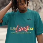 Petrol blue Unlimited Tee in large size with a high-energy neon design, printed on a super-combed cotton oversized T-shirt, perfect for making a strong fashion statement.