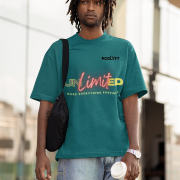 Unlimited Tee in petrol blue, medium size, showcasing a striking motivational typography design, printed on a bio-washed oversized cotton T-shirt for long-lasting comfort and style.