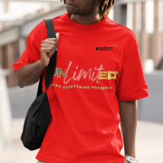Unlimited Tee in red, extra large size, featuring a futuristic typography design, printed using DTG on a premium oversized cotton T-shirt for a powerful and stylish look.