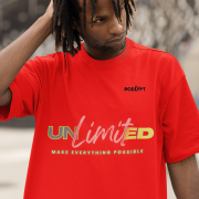 Red Unlimited Tee in large size with a high-energy neon design, printed on a super-combed cotton oversized T-shirt, perfect for making a bold fashion statement.